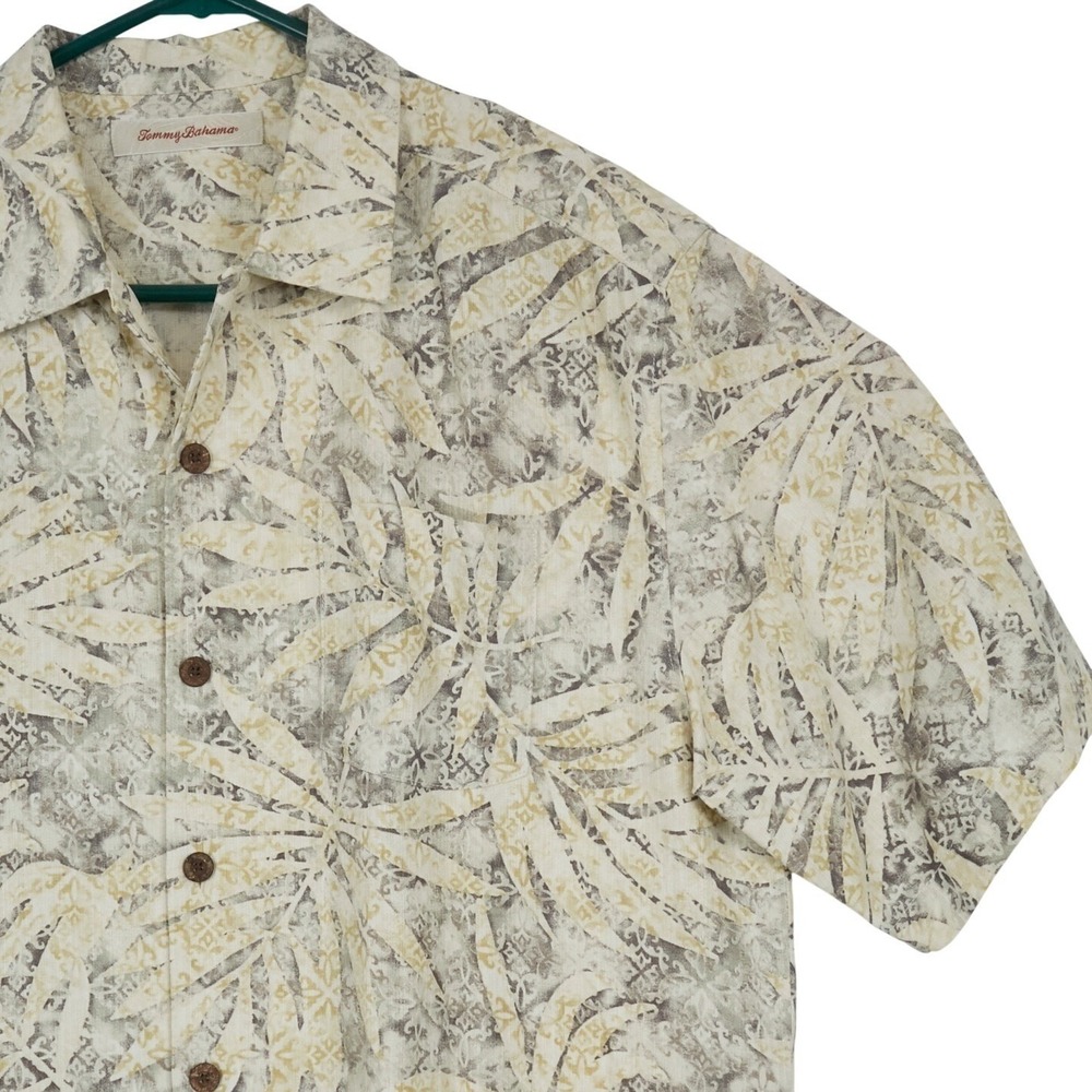 Tommy Bahama Button Down Men Medium Tan Tropical Palm Leaf 100% Silk Shirt